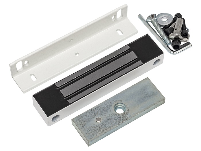 Замок электромагнитный 12V DC, не более 0,4 A, усилие 180 кг, 180x40x25, вес 0.8 кг, (в комплекте с уголком), Влагозащита IP67. Цвет белый