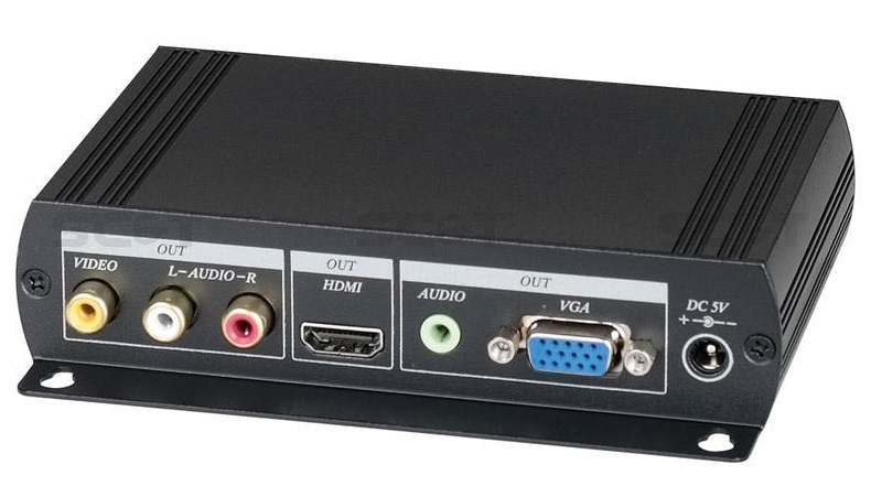 Преобразователь аудио и композитного видеосигнала в VGA и HDMI. Входы - композитный видео и стереоаудио. Выходы - композитный видео и стереоаудио , VGA, HDMI. Разрешение VGA -до 1920x1080, HDMI -до 1080p. OSD меню. БП 220/5В, 1А(DC) в комплекте.