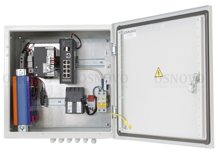 Уличный управляемый (L2+) коммутатор на 10 портов с термостабилизацией, резервным питанием и функцией мониторинга температуры/влажности/напряжения на базе уличной станции OS-44TB1. Порты: 1 x GE (10/100/1000Base-T) с PoE (до 90W, IEEE 802.3bt) + 7 x GE (10/100/1000Base-T) с PoE (до 30W) + 2 x GE SFP (1000Base-X). Суммарный бюджет PoE до 240W