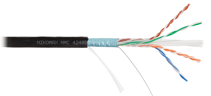 Кабель F/UTP 4 пары, Кат.6 (Класс E), тест по ISO/IEC, 250МГц, одножильный, BC (чистая медь), 23AWG (0,55мм), полиэтилен, внешний, черный, 305м