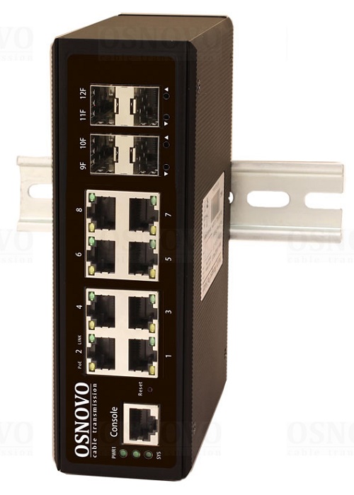 Промышленный управляемый (L2+) коммутатор Gigabit Ethernet на 8 GE Rj45 + 4 GE SFP порта. Порты: 8 x GE (10/100/1000Base-T) + 4 x GE SFP (1000Base-X). Уровень управления L2 (Full Managed). Питание DC12-55V. БП в комплект НЕ входит. Монтаж на DIN-рейку. Встроенная грозозащита 6kV. 53,5x165x123мм.  -40…+75°С