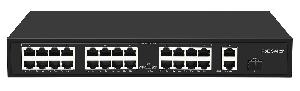 Неуправляемый коммутатор, 24 RJ-45 POE порта (10/100 Мбит/с), 2 RJ-45 Uplink порта (1000 Мбит/с), 1 SFP Uplink порт (1000 Мбит/с), бюджет на порт до 30 Вт, общий бюджет до 300 Вт.