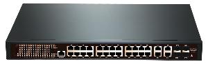 Коммутатор управляемый L2 24xPoE (802.3at/af) 10/100Мб + 4хUplink 10/100/1000Мб (4xSFP Combo), бюджет до 370Вт (PoE до 30Вт, 100м, End-Span 4(5)+/ 7(8)-), грозозащита 4кВ, AC220V, 3 вентилятора, 441x300x44мм (комплект для монтажа в стойку)