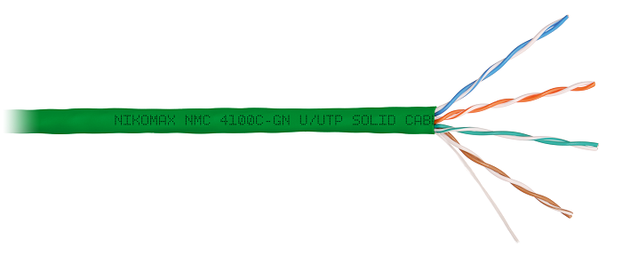 Кабель U/UTP 4 пары, Кат.5e (Класс D), тест по ISO/IEC, 100МГц, одножильный, BC (чистая медь), 24AWG (0,51мм), полимерный материал нг(А)-HF, внутренний, зеленый, 305м