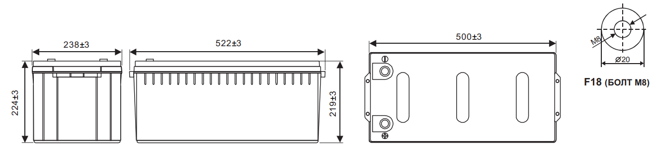 Аккумулятор 200 А/ч 12В, 522х238х224 мм, 61,5 кг