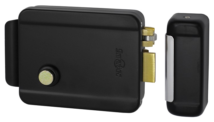 Эл-мех. накладной замок, черный, НЗ, универсальный DIN, цилинр снаружи, кнопка изнутри, питание 12VDC/1А, -40°+50°С, окрашенная сталь.