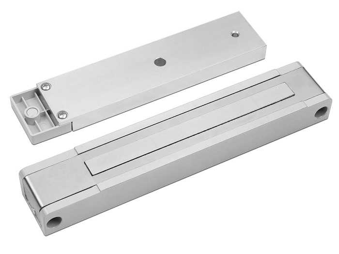 Замок электромагнитный, с датчиком Холла, герконом и индикацией, 400 кг удержания, 12 В/0,53 А, 225х42х26,5 мм, IP20, -20...+40, серый