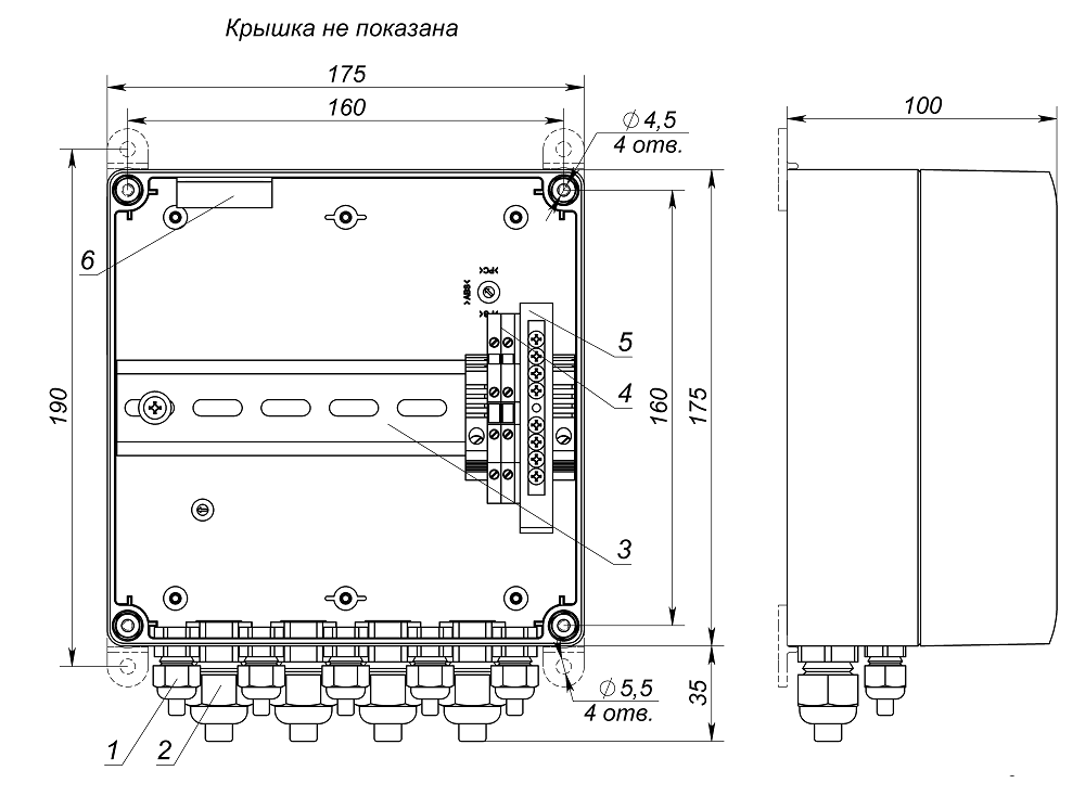 Коробка монтажная в пластиковом корпусе, Плинт на 10 пар. IP66. -40°С...+80°С. 175х175х100мм