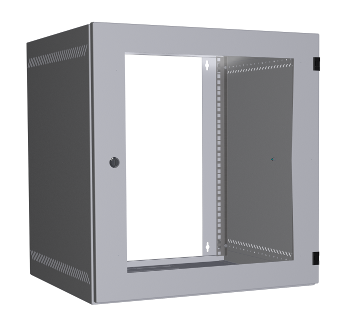 Настенный шкаф 19", 12U, стеклянная дверь, Ш540хВ573хГ500мм, 2 пары монтажных направляющих, сварной, серый