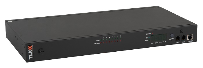 Блок&nbsp;&nbsp;контролируемых электрических розеток TLK, 19", PM - POM, (включение и отключение каждой розетки, измерение потребления каждой розетки и отправка показаний через LAN), 8 розеток C13, макс. нагрузка 16 А, Счетчик электроэнергии кВт*ч, Удаленное управление через облако, шнур питания 3 м., вилка С20, металлический корпус, макс. мощность 4000 Вт, 432*44,45*215 мм, цвет черный.