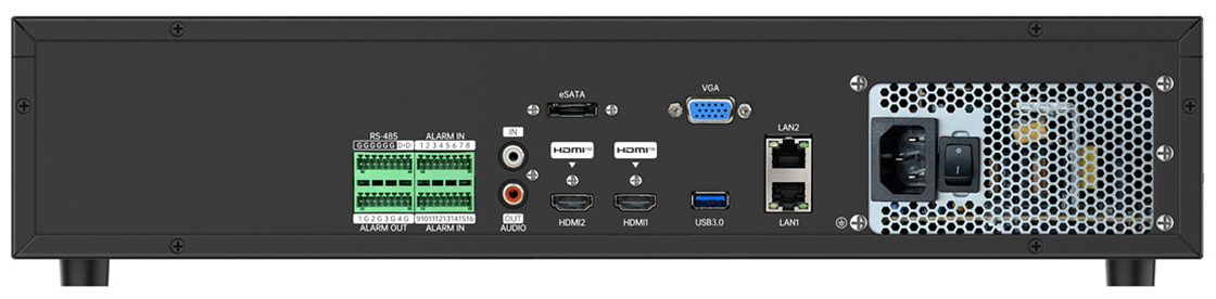 IP видеорегистратор 64 канала, Н.265(+)/264(+) (аудио G.711/AAC), разрешение до 12M(4000x3000), вх./исх.поток -640Мб/640Мб, запись 12M@32x25к/с, аудио RCA вход/выход, интерком, трев.вход/выход – 16/4, 2*USB 2.0/1*USB 3.0, SATA 8*10Тб, 2 х RJ45 100/1000M