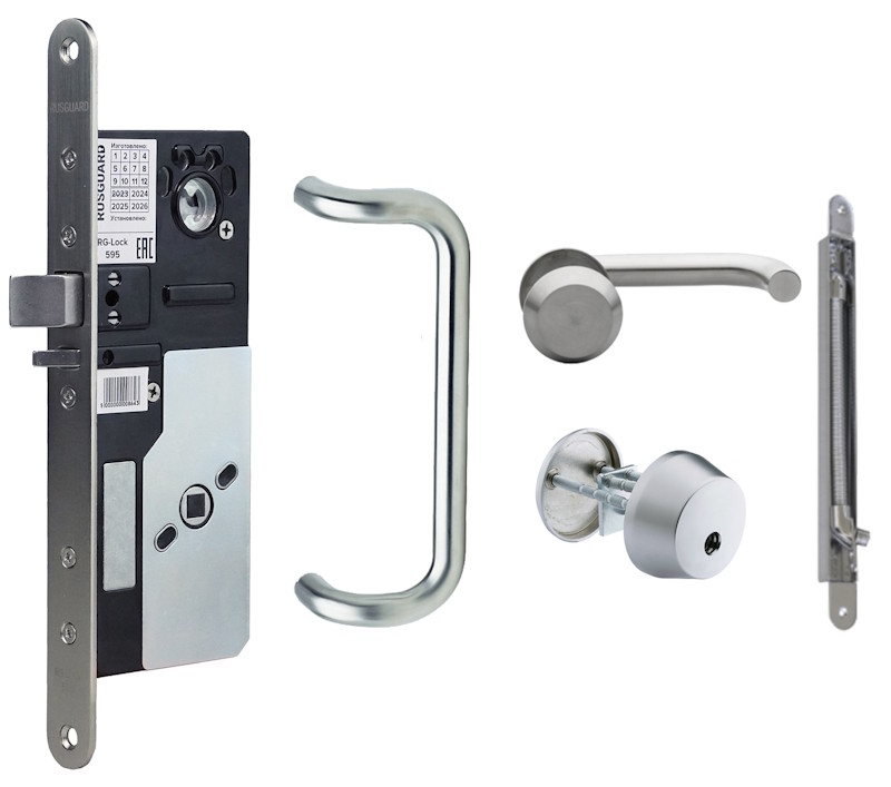 Готовый комплект для установки замка. В состав комплекта входит: замок RG-Lock 595;&nbsp;&nbsp;ручка-скоба внешняя;&nbsp;&nbsp;ручка односторонняя внутренняя со щитком;&nbsp;&nbsp;цилиндр односторонний с набором ключей;&nbsp;&nbsp;гибкий кабелепроход; запорная планка.