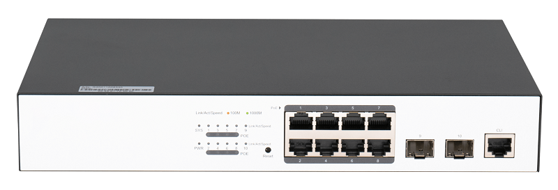 Управляемый L2 PoE коммутатор 8 Base-T 10/100/1000Mb/s портов, 2 Base-X SFP 1000Mb/s. 1U 19'', 220В, бюджет PoE 130Вт, блок питания 150Вт