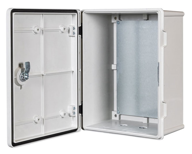 Композитный монтажный шкаф, Внутр. габариты 290х390х150мм, SMC композит, IK10, IP66, радиопрозрачный корпус, от -60 до +80 градусов. Комплектация: замок 1 шт, ключ 1 шт, монтажная плата 1шт, гермовводы (MG-25) 2 шт, усиленные петли, уплотнительная резинка на корпусе. Вес: 3,8 кг