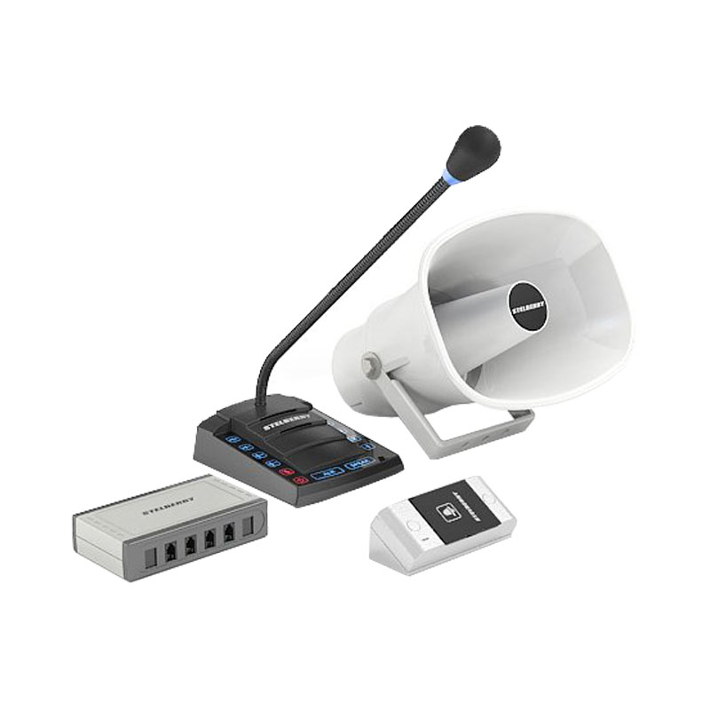 Комплект 4+1-канального переговорного устройства клиент-кассир для АЗС с системой громкого оповещения, функцией "симплекс", функцией "вызов",&nbsp;&nbsp;встроенным усилителем, рупором на 15 Ватт и выходом для записи переговоров