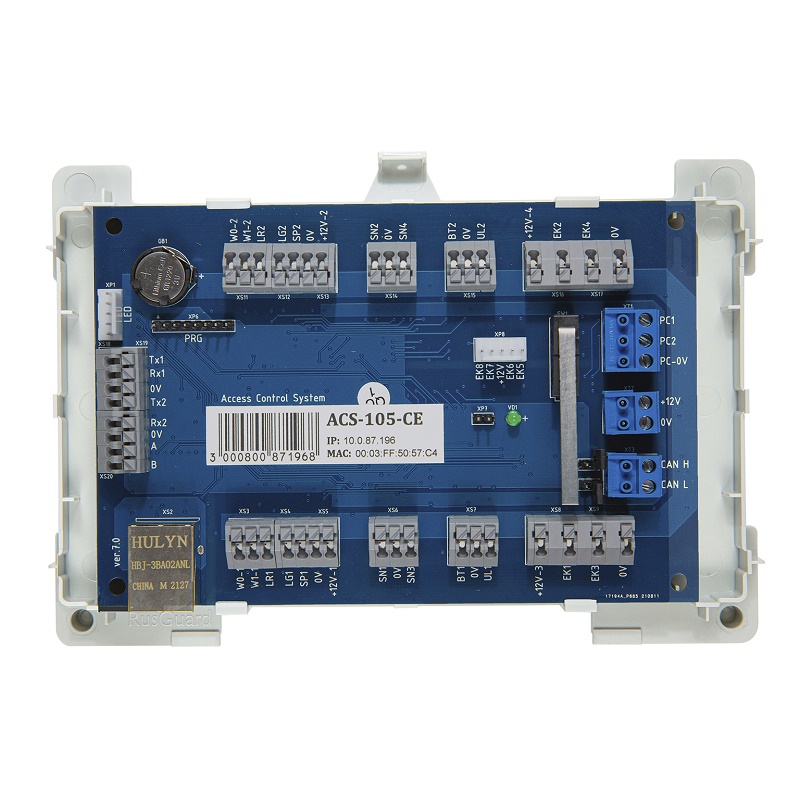 Сетевой контроллер, 64 000 ключей, 60 000 событий, два считывателя,  -40…+50 °С, 12В,  Пластиковый корпус без блока питания. Ethernet 100Base-TX, CAN-HS, RS-232, RS-485