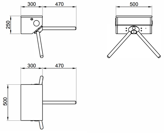Турникет-трипод электромеханический настенный STILE 400 с автоматической системой антипаники. Корпус и преграды из нержавеющей стали AISI 304.