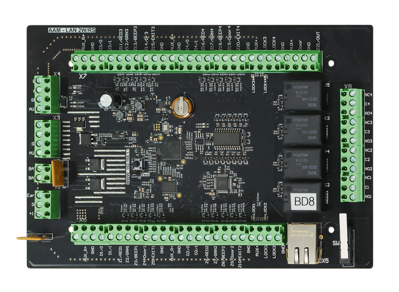 Универсальный контроллер СКД и ОС. Возможность непосредственного подключения до 4 считывателей по Wiegand/OSDP*. 21 вх/вых управления периферийными устройствами. LAN, RS-485, OSDP.