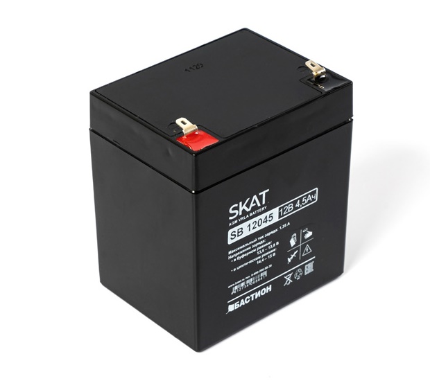 Свинцово-кислотный аккумулятор 4,5А/ч, 12В, 71х91х105мм. Вес 1,4 кг. Срок службы 6 лет.