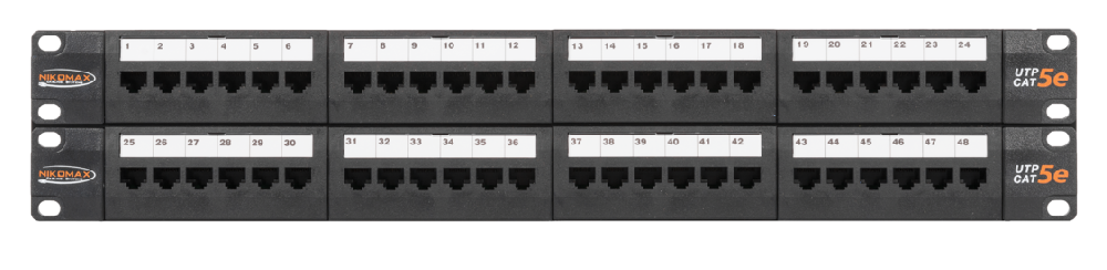 Коммутационная панель 19", 2U, 48 портов, Кат.5e (Класс D), 100МГц, RJ45/8P8C, 110/KRONE, T568A/B, неэкранированная, с органайзерами, черная
