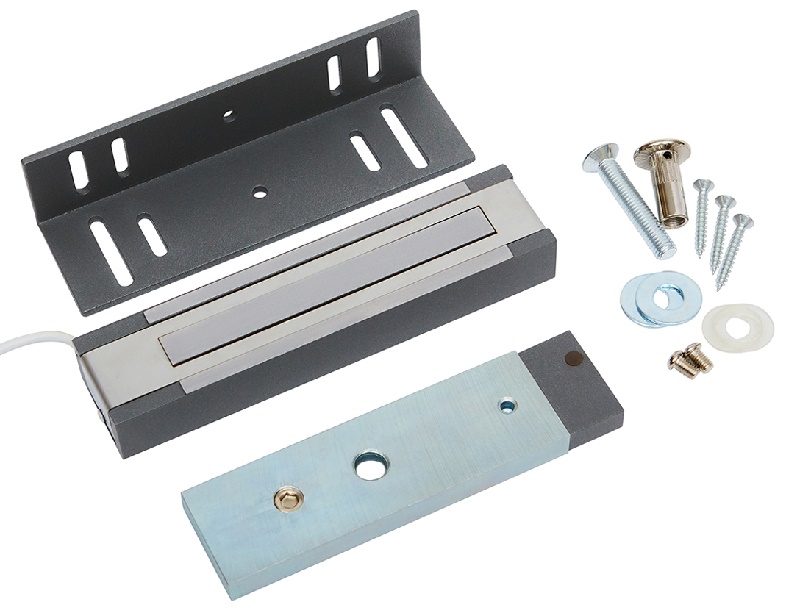 Электромагнитный замок. Усилие 200 кг. Цвет: серый Поставляется с уголком. 11.5-14.5 В. 155х38х24 мм. 116х35х11 мм. -50°С … +50°С для установки внутри помещений, IP40, датчик положения двери, датчик состояния замка, световая индикация. Масса 1230 г.