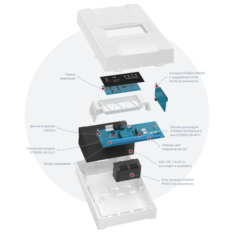 Контроллер охранный 2 SIM 2G GPRS/ 4G LTE, Wi-Fi (опция), Ethernet (опция). Встроенная LTE-антенна с SMA разъемом. 8 охранных ШС, 15 логических разделов, 4 выхода ОК, порт ТМ. 64 радиоустройства Livi (опция). Расширение по RS-485 до 158 ШС, 49 выходов ОК и 16 портов ТМ за счет СКП. Встроенный блок питания 100-264 В. Отсек под АКБ 7 / 9 А⋅ч, 12 В. В автономном режиме голосовое меню, SMS и голосовое оповещение 8 пользователей. t раб. от -40 °С до +55 °С. В комлекте 3 ключа Touch Memory