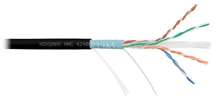 Кабель F/UTP 4 пары, Кат.6 (Класс E), тест по ISO/IEC, 250МГц, одножильный, BC (чистая медь), 23AWG (0,55мм), полимерный материал нг(А)-HF, внутренний/внешний, черный, 305м