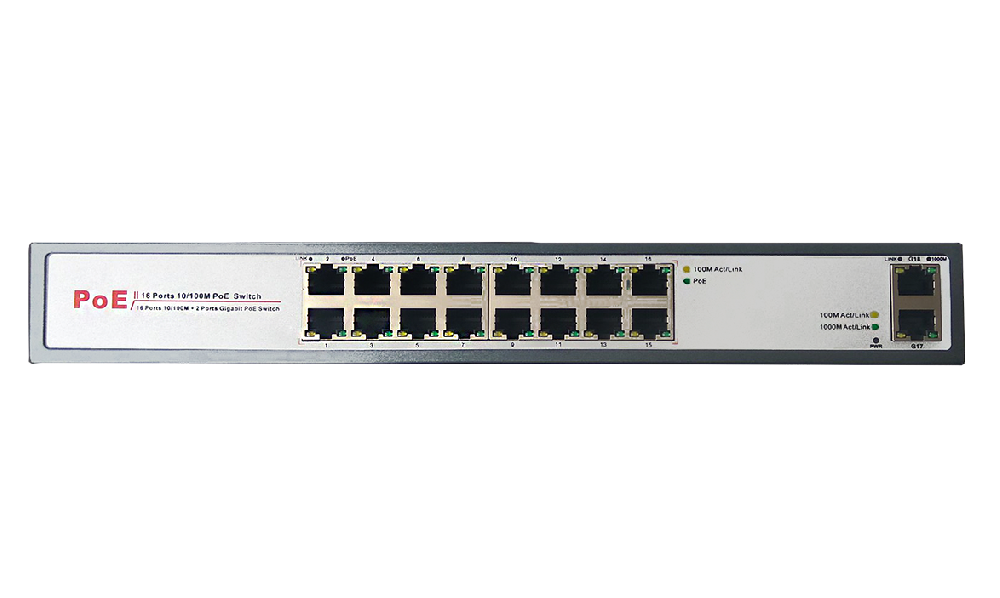 Неуправляемый PoE коммутатор 10/100Base-TX, RJ-45 Auto-MDI/MDI-X, 16 PoE портов + 2 UpLink порта, стандарт PoE IEEE 802.3af,  мощность на порт 15,4 Вт, 46-52 В DC, общая мощность макс. 96 Вт. Питание ~100-240 В AC, 50-60 Гц. Цвет: графитово-серый.