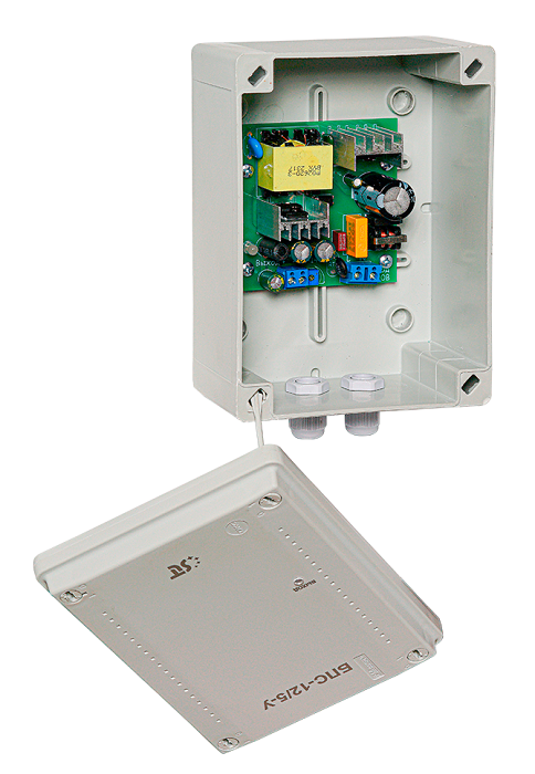 Блок питания стабилизированный уличный, 12 В / 5А;  IP 56. Диапазон рабочих температур -25...+50, 185х124х84мм. Защита от перегрузок по току и короткого замыкания. Регулировка выходного напряжения