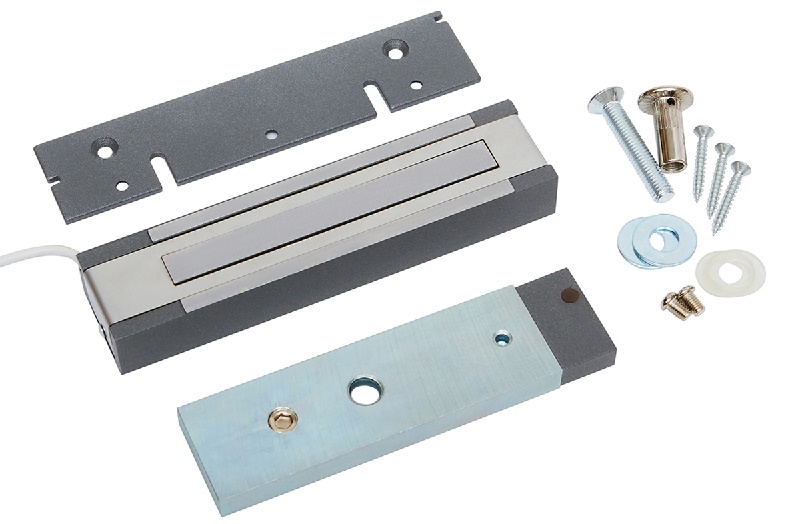 Электромагнитный замок. Усилие 200 кг. Цвет: серый, Поставляется с планкой, 11.5-14.5 В. 155х38х24 мм. -50°С … +50°С для установки внутри помещений, IP40, датчик положения двери, датчик состояния замка, световая индикация. Масса 1230 г.