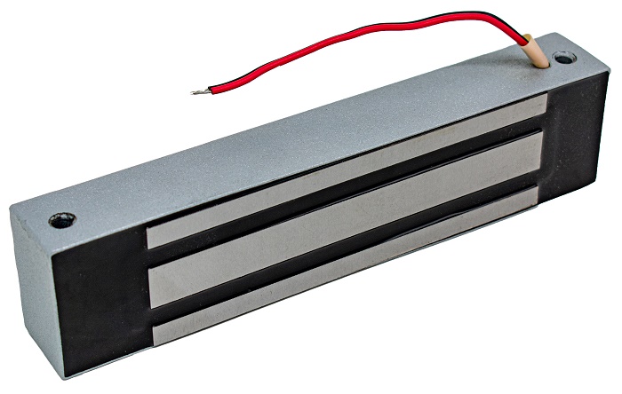 Электромагнитный влагозащищенный замок IP67, 12V DC, 0,47 A, усилие 300 кг, 222x52x34 мм. 3250 г., уголок в комплекте. -40°С…+40°С, Цвет еребряный металлик