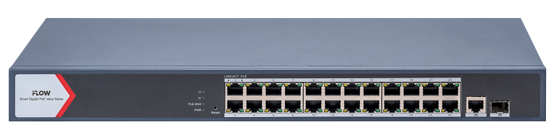 Коммутатор L2, Смарт-управляемый, 24 гигабитных порта RJ45 PoE, 1 uplink порт 1000М RJ45 1 гигабитный порт SFP, 802.3af/at, бюджет PoE 370 Вт, облачное управление, VLAN, STP/RSTP loop prefention, PoE watchdog, поддержка режима передачи до 300м,10Мб/с, CAT6; защита от перенапряжения 6 кВ; Поддержка унифицированного управления топологией, крепление в стойку