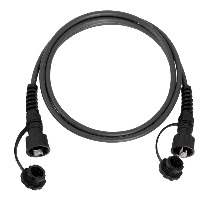 Индустриальный коммутационный шнур F/UTP 4 пары, Кат.6 (Класс E), 250МГц, 2хRJ45/8P8C, T568B, многожильный, BC (чистая медь), 26AWG (7х0,160мм), IP67, с защитными крышками, PUR, черный, 5м