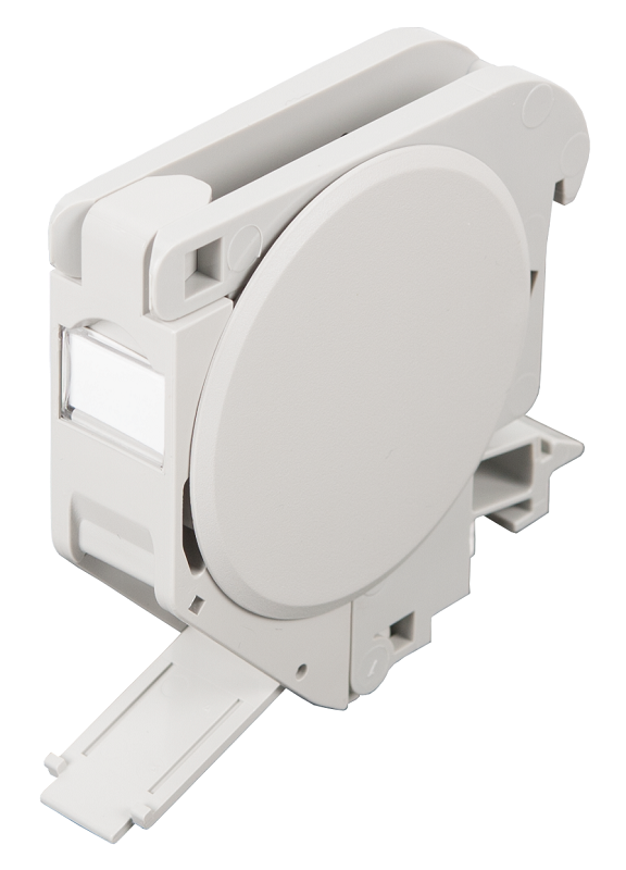 Корпус розетки с креплением под DIN-рейку, под модули-вставки Keystone, 1 порт, 2 боковые крышки, откидной, серый