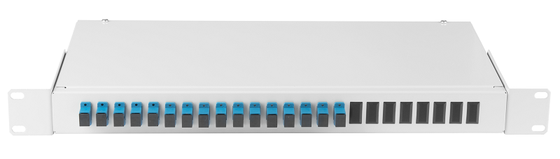 Оптический кросс 19" Essential Line, 1U, укомплектованный на 16 портов SC/UPC (16 одинарных SC/UPC адаптеров), SM 9/125 OS2, стальной, серый, в комплекте: адаптеры, монтажные шнуры 1м, сплайс-кассета с крышкой, гильзы, заглушки