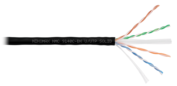 Кабель U/UTP 4 пары, Кат.6 (Класс E), тест по ISO/IEC, 250МГц, одножильный, BC (чистая медь), 23AWG (0,57мм), полимерный материал нг(А)-HF, внутренний/внешний, черный, 305м