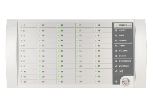 Блок индикации для отображения 60 разделов на двухцветных светодиодных индикаторах и 8 системных индикаторах. Встроенный считыватель Touch Memory. Два интерфейса RS-485, питание от 10 до 28 В
