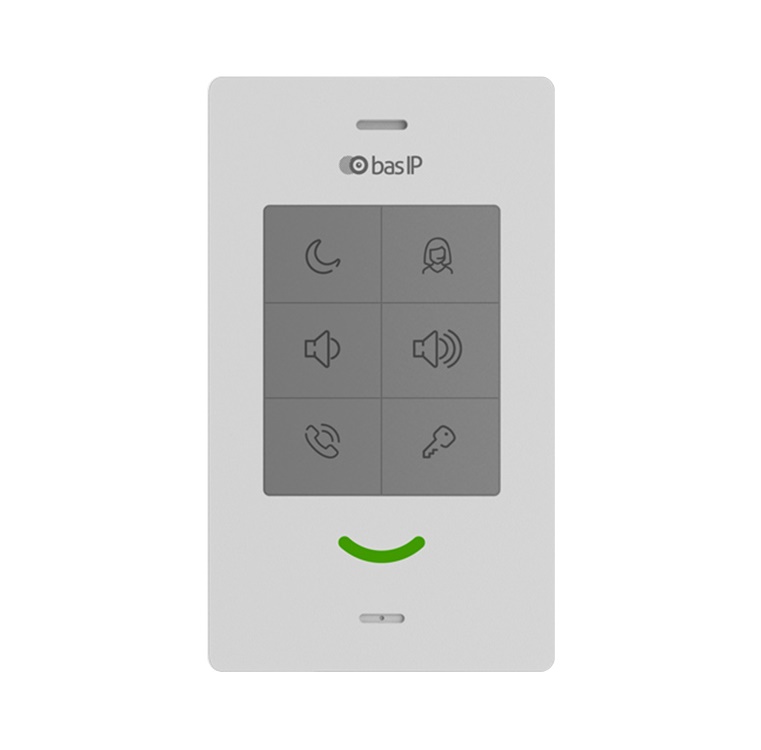 Абонентское IP аудио устройство. Поддержка SIP, P2P, внутреннего протокола BAS-IP, кнопка для быстрого вызова консьержа, кнопка открытия замка, кнопка режима "Не беспокоить"