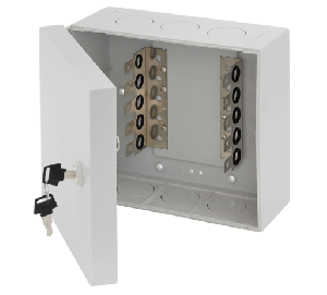 Бокс настенный распределительный, на 5 плинтов (до 50-ти пар), с кронштейнами, пластиковый, с замком, 188х210х105мм, серый