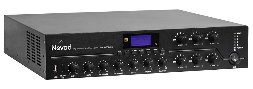 Комбинированный микшер-усилитель c селектором зон и регулировкой уровня выходного сигнала. Мощность 500 Вт. Выход 100B/70B и 4/16 Ом, 4 микр и 1 AUX входа, 1 AUX выход. AC 220V/DC 24V. 430х88х390 мм.