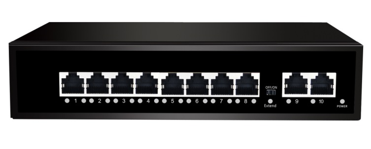 Коммутатор неуправляемый, 8*10/100Мбит/с PoE (af/at), 2*100Мбит/с RJ45, DC 52V/2.3A, PoE бюджет 120W