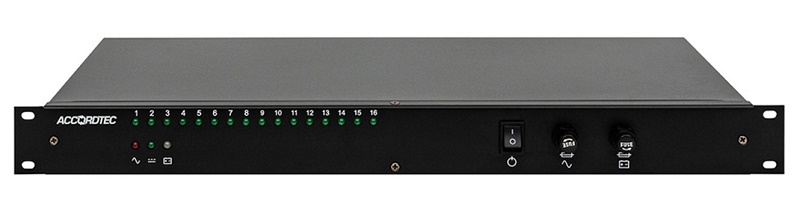 Блок бесперебойного питания для установки в стойку 19". Высота корпуса 1U. Количество выходов 16 х 0.5 А. Возможность подключения внешней АКБ.