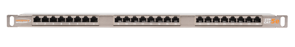 Коммутационная панель 19", 0,5U, 24 порта, Кат.5e (Класс D), 100МГц, RJ45/8P8C, 110/KRONE, T568A/B, полный экран, с органайзером, металлик