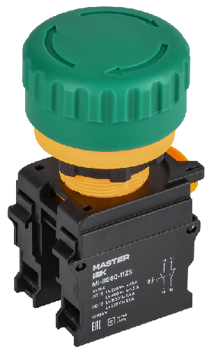 Кнопка "Грибок" поворот. с фикс. 1NO+1NC зелёная MASTER IEK