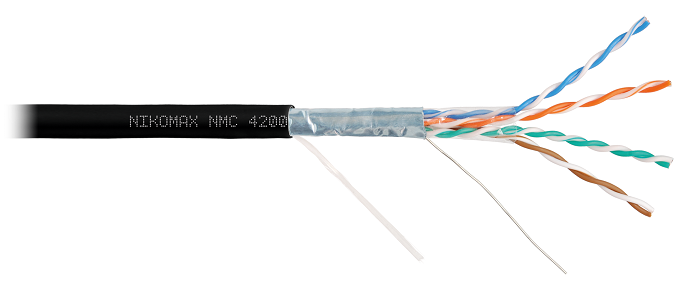 Кабель F/UTP 4 пары, Кат.5e (Класс D), тест по ISO/IEC, 100МГц, одножильный, BC (чистая медь), 24AWG (0,51мм), полимерный материал нг(А)-HF, внутренний/внешний, черный, 305м