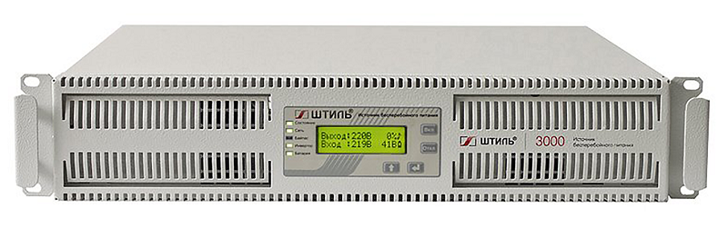 Источник бесперебойного питания в стойку, on-line (с двойным преобразованием), чистая синусоида, 3000 ВA (2700 Вт); U-вх.220 В; под внешние аккумуляторы, U-акб.96 В, I-заряд.4 А; ЖК-дисплей; выходные разъёмы - IEC-320-C13 (3 шт.); холодный старт, совместим с генератором; высота 2U; IP20, t-раб.+5...+40°C, 88х466х440 мм
