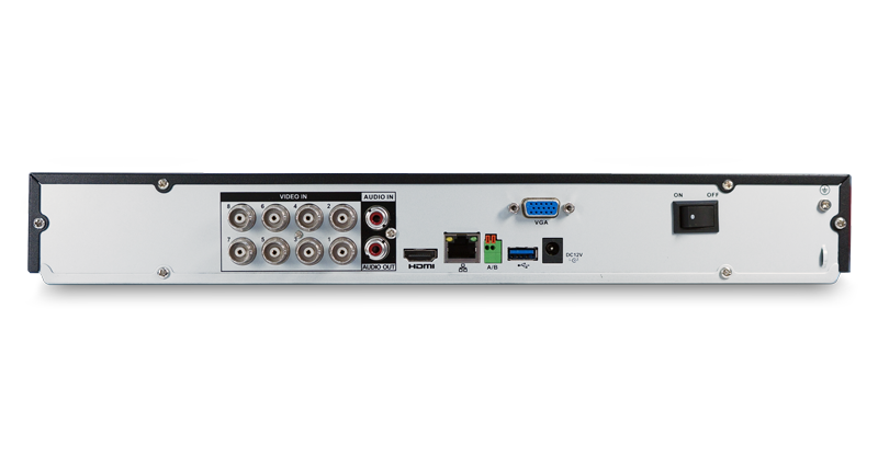 Видеорегистратор аналоговый до 8 каналов BNС; формат сигналов: HDCVI/CVBS/HDTVI/AHD/IP H.264; резрешение записи 8 Мп; Ethernet; 2 SATA порта до 8 Tб; 1 RS485; 1 USB2.0; 1 USB 3.0;  DC12V/4A