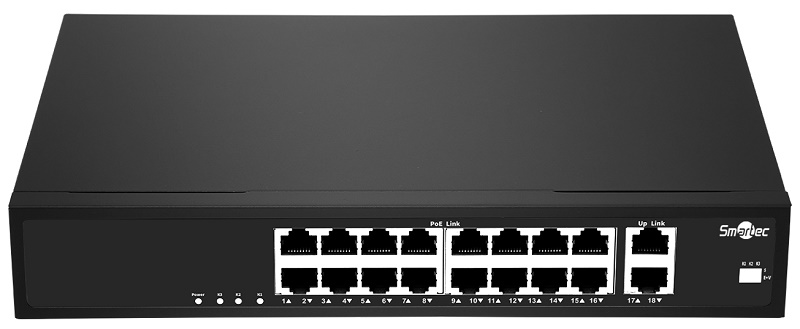 Неуправляемый коммутатор, 16 RJ-45 POE портов (10/100 Мбит/с), 2 RJ-45 Uplink порта (1000 Мбит/с), бюджет на порт до 30 Вт, общий бюджет до 175 Вт.