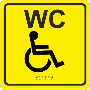 Табличка тактильная с пиктограммой "Туалет для инвалидов" (200x200мм) желтый фон