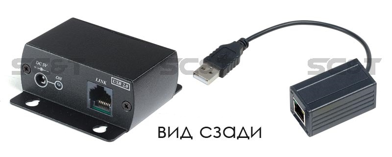 Удлинитель USB 2.0 по кабелю витой пары до 60м (CAT5/5e/6) со встроенным расширением на 4 порта (USB-HUB). Максимальная скорость передачи 480Мбит/с (High-Speed). Рекомендуется использовать для передачи на растояние более 20м.